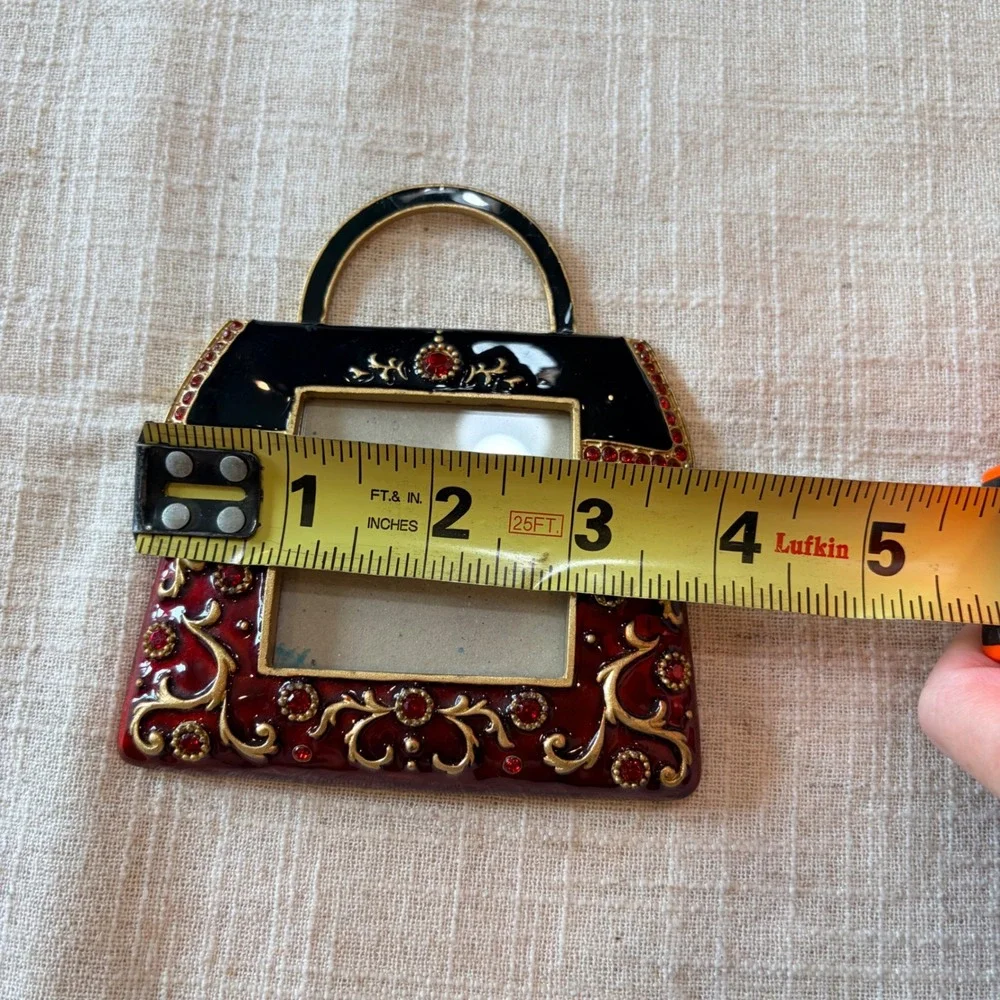 Vintage Style Handbag Mini Photo Frame Burgundy Red Enamel Rhinestone Purse 4in